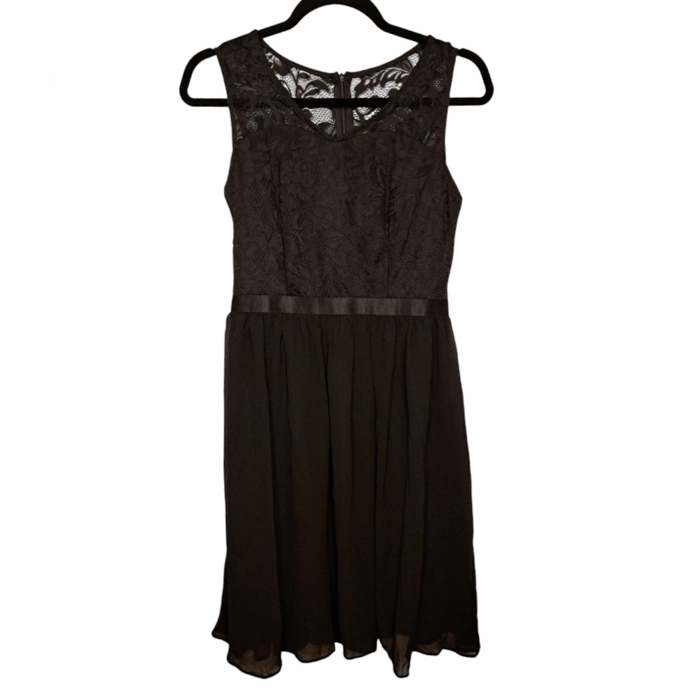DRESS TELLS Sleeveless Swing Mini Dress, Black Lace Top, Chiffon Skirt, Sm, EUC